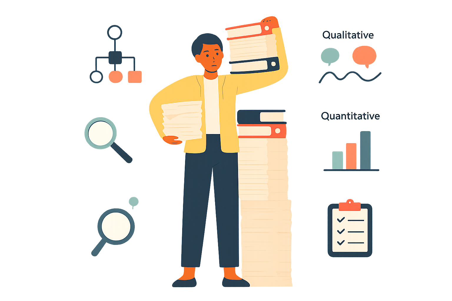 Researcher carrying stacks of folders and papers with icons for qualitative interviews, quantitative charts, flowchart, magnifier, and checklist — illustrating a dissertation methodology guide.