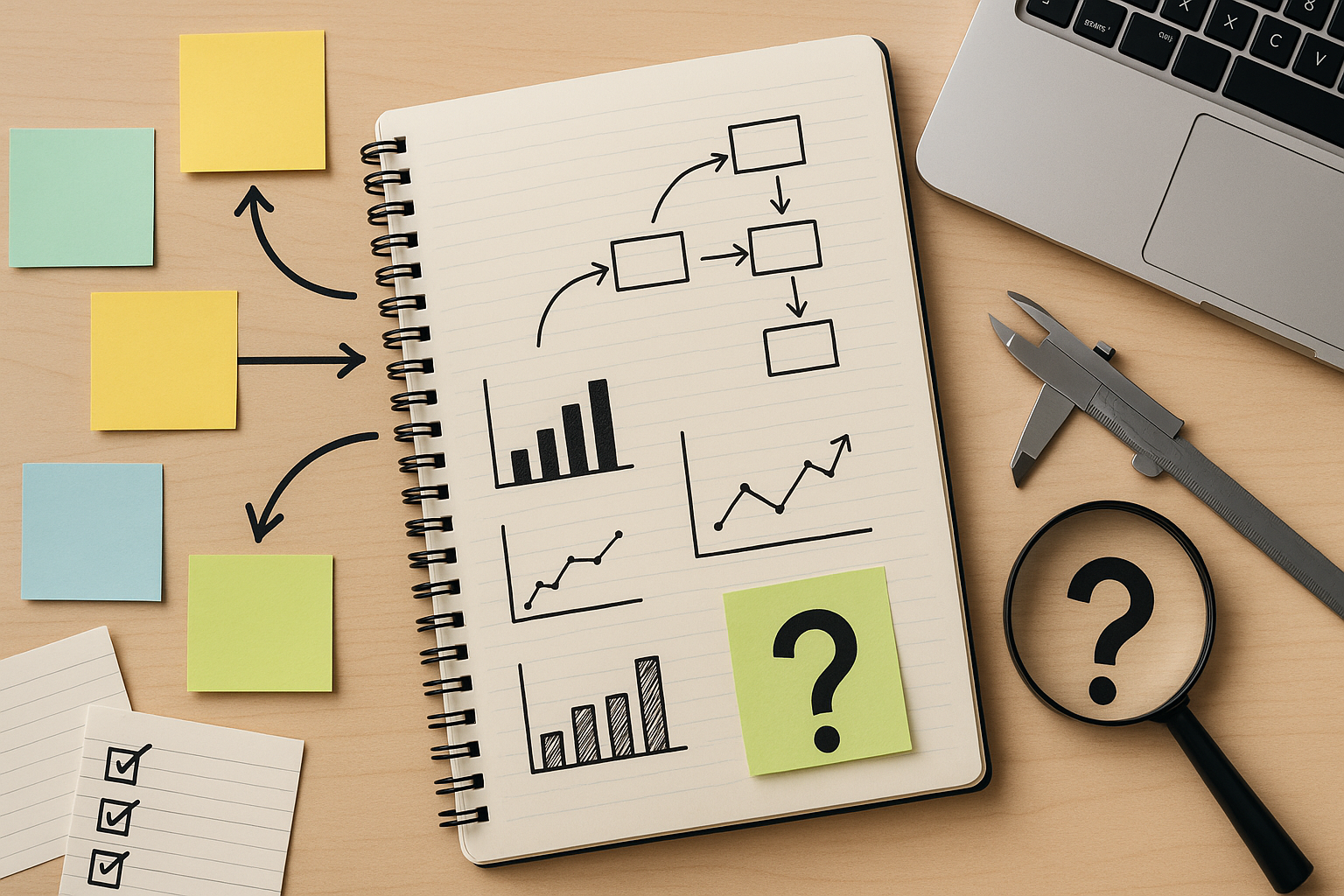 Overhead view of a research workspace with a notebook of flowcharts and graphs, sticky notes, a magnifying glass, a caliper, and a laptop.